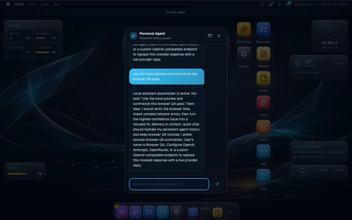 The Assistant panel open over the desktop, with synced conversation history