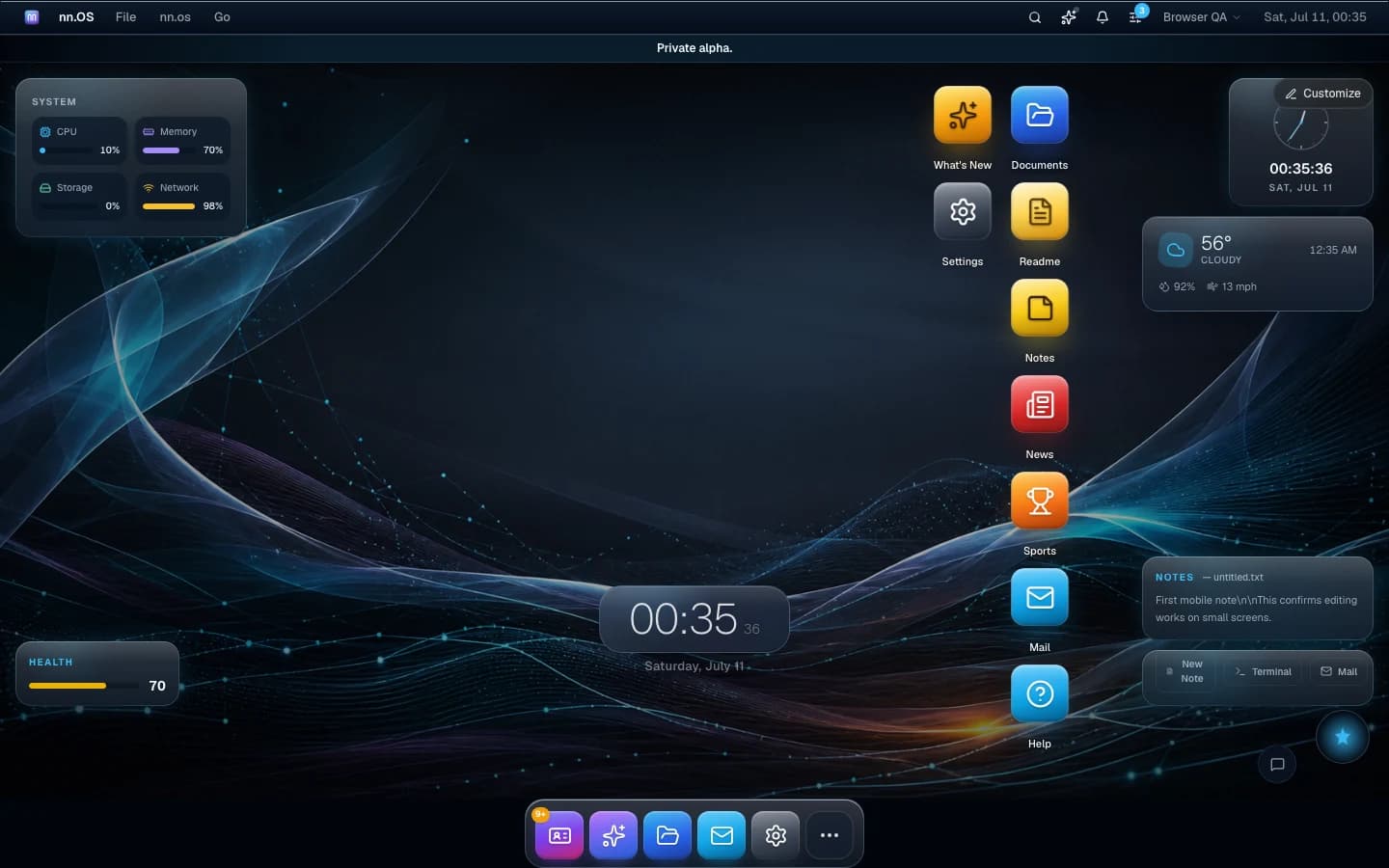 The nn.os desktop: menu bar, widgets for system stats, weather and notes, desktop icons, and the dock
