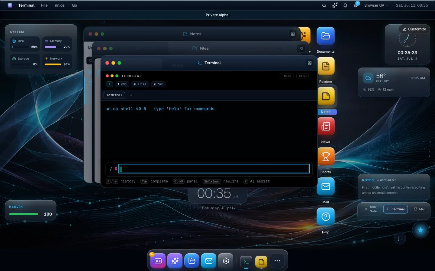 Terminal, Notes and Files open in overlapping windows on the nn.os desktop