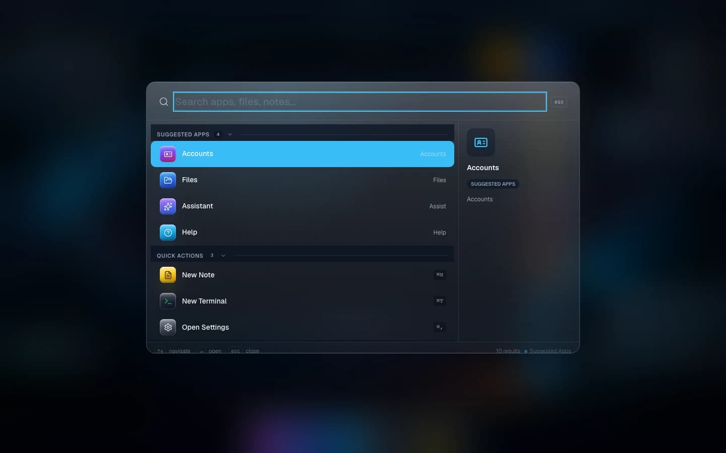 The ⌘K launcher with app results and quick actions