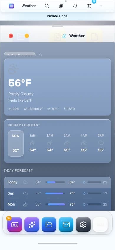 nn.os on a phone: the Weather app full-screen with the mobile dock