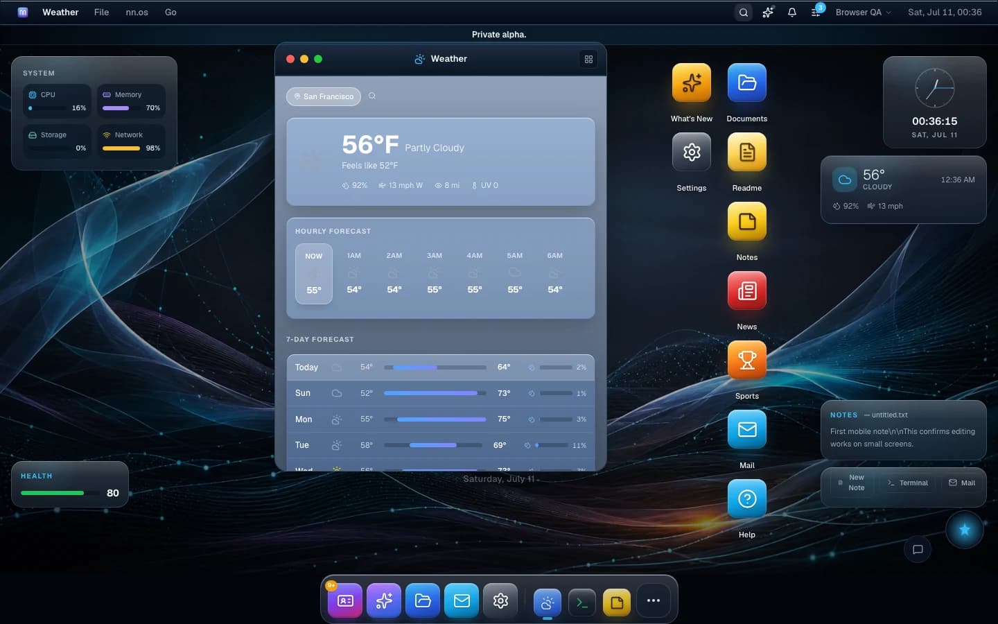 The Weather app open on the desktop with live conditions, hourly and 7-day forecast