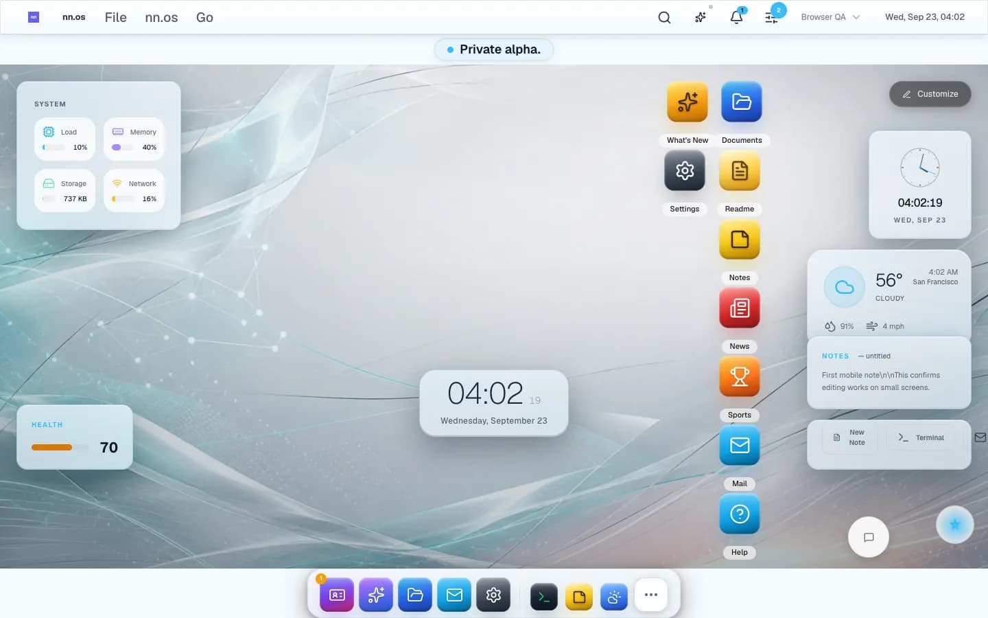 The nn.os desktop in light theme